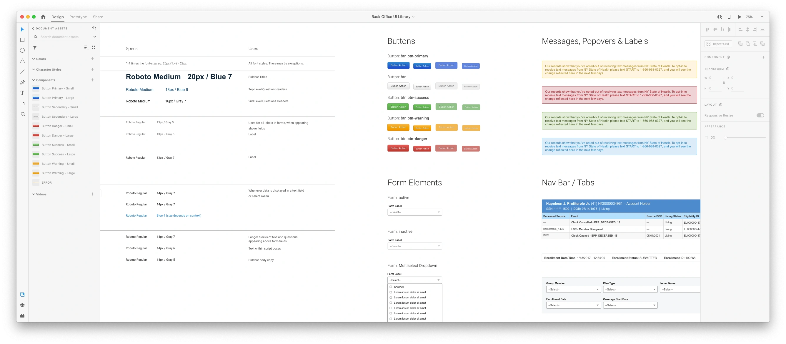 screenshot of an in-progress Adobe XD file of the Back Office UI kit
