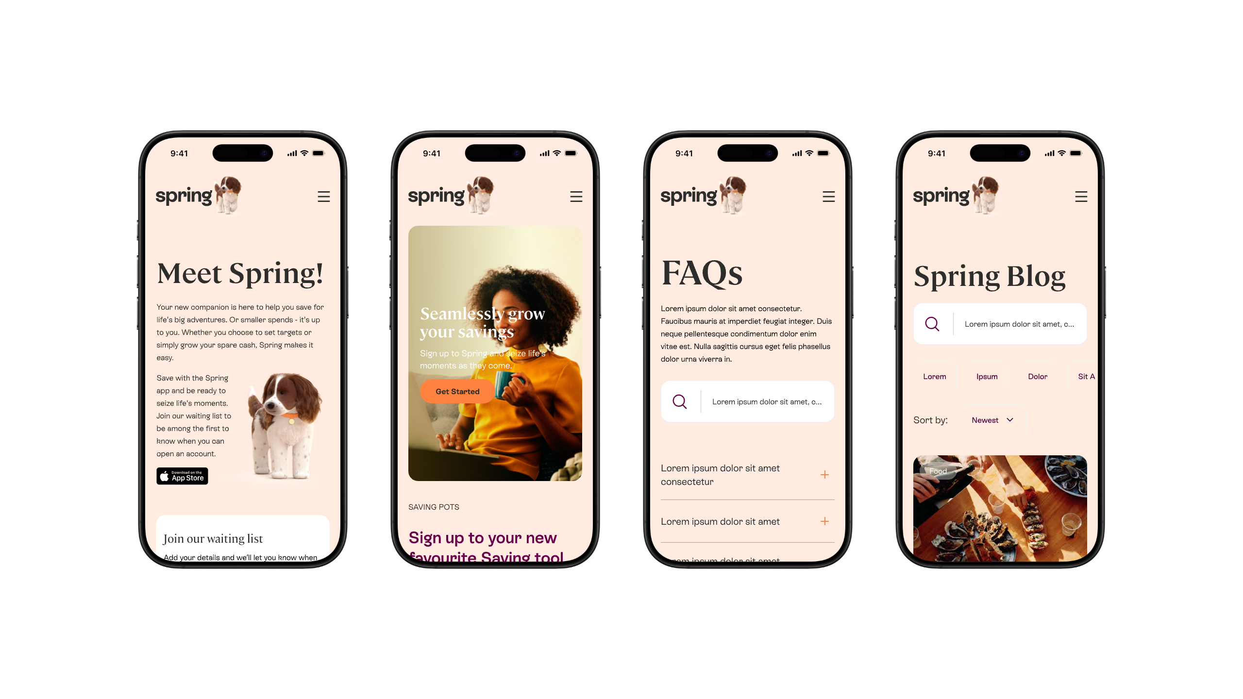 a set of 4 mobile web design mockups laid out horizontally